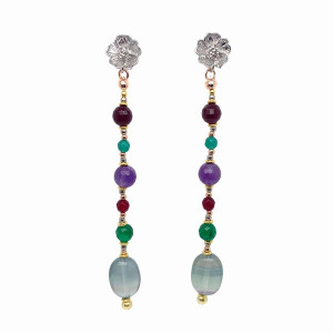 SILVER FLOWER EARRINGS WITH FACETED RUBY AGATE, FACETED GREEN AGATE, FACETED AMETHYST, FACETED GREEN JADE, AND MULTICOLOR TOURMALINE