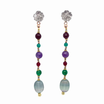 SILVER FLOWER EARRINGS WITH FACETED RUBY AGATE, FACETED GREEN AGATE, FACETED AMETHYST, FACETED GREEN JADE, AND MULTICOLOR TOURMALINE
