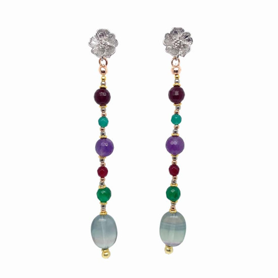 SILVER FLOWER EARRINGS WITH FACETED RUBY AGATE, FACETED GREEN AGATE, FACETED AMETHYST, FACETED GREEN JADE, AND MULTICOLOR TOURMALINE