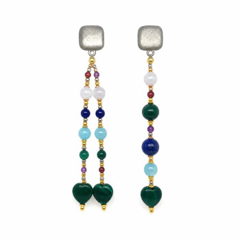 SQUARE EARRINGS WITH SKY BLUE AGATE, MALACHITE, LAPIS LAZULI, AND MALACHITE HEARTS