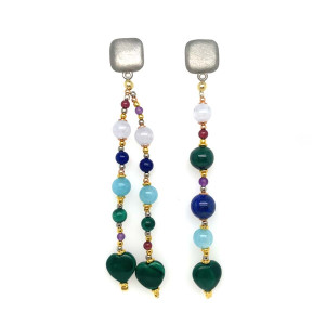 SQUARE EARRINGS WITH SKY BLUE AGATE, MALACHITE, LAPIS LAZULI, AND MALACHITE HEARTS
