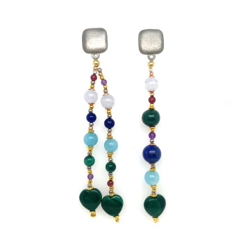 SQUARE EARRINGS WITH SKY BLUE AGATE, MALACHITE, LAPIS LAZULI, AND MALACHITE HEARTS