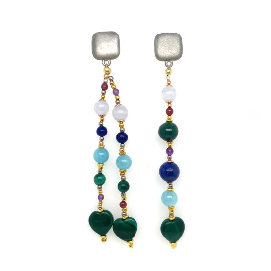 SQUARE EARRINGS WITH SKY BLUE AGATE, MALACHITE, LAPIS LAZULI, AND MALACHITE HEARTS
