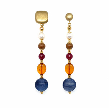 GOLD CIRCLE & SQUARE EARRINGS WITH PEARL, AGARWOOD, FACETED RUBY AGATE, AND OVAL AMBER
