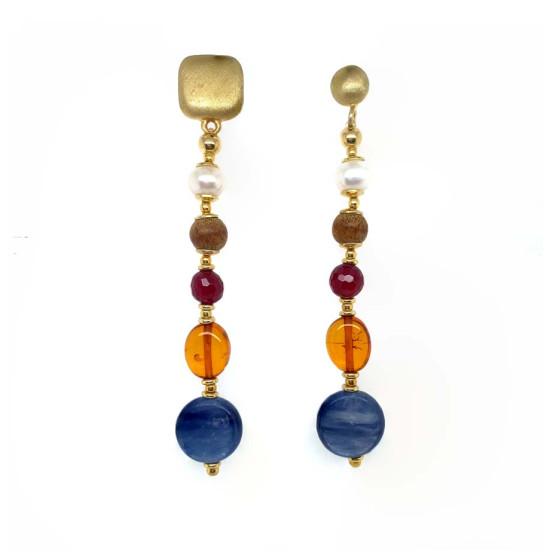 GOLD CIRCLE & SQUARE EARRINGS WITH PEARL, AGARWOOD, FACETED RUBY AGATE, AND OVAL AMBER