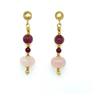 18K GOLD PLATED TOURMALINE EARRINGS WITH RUBY AGATE AND PINK QUARTZ