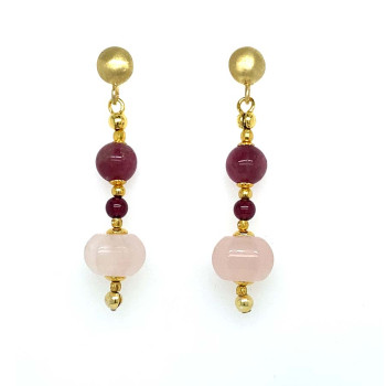 18K GOLD PLATED TOURMALINE EARRINGS WITH RUBY AGATE AND PINK QUARTZ