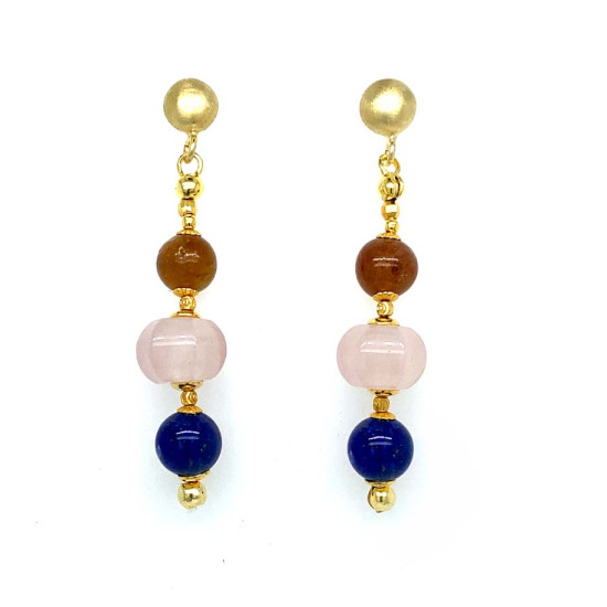 18K GOLD PLATED TOURMALINE EARRINGS WITH PINK QUARTZ AND LAPIS LAZULI