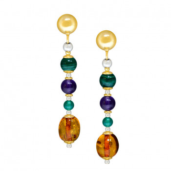 gold plated Malachite earring with amethyst , agate and amber 