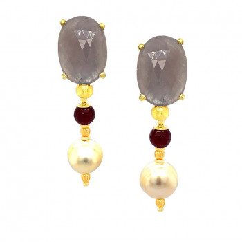 gold plated sapphire stone earring with Rubi agate and pearl 