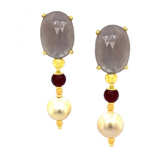 gold plated sapphire stone earring with Rubi agate and pearl 