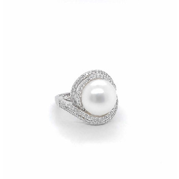 SILVER RING WITH DOUBLE ROWS OF ZIRCON AND A PEARL 