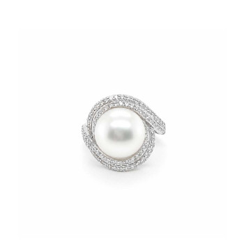 SILVER RING WITH DOUBLE ROWS OF ZIRCON AND A PEARL 