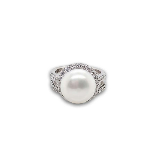 TWIN SILVER RING WITH A LARGE PEARL AND ZIRCON