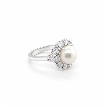 SILVER RING WITH ROUND ZIRCON AND A LARGE CENTER PEARL