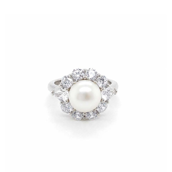 SILVER RING WITH ROUND ZIRCON AND A LARGE CENTER PEARL