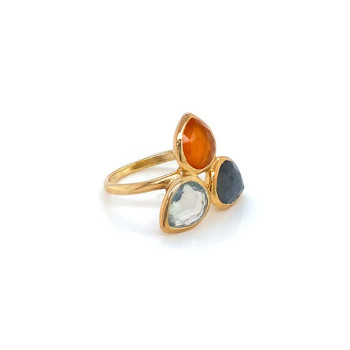 18K GOLD PLATED TEAR SHAPED AGATE, LABRADORITE AND TOPAZ RING