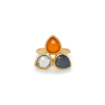 18K GOLD PLATED TEAR SHAPED AGATE, LABRADORITE AND TOPAZ RING
