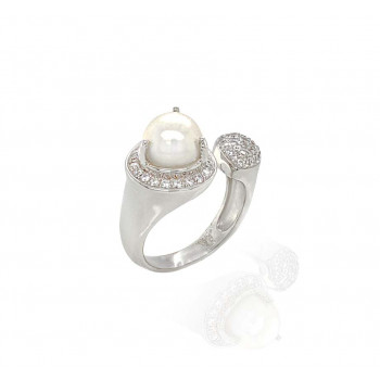 silver ring with pearl and zircon 