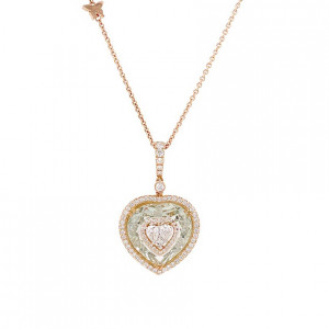 18K Gold Neckless With A Rare Green Amethyst Stone, Studded With 80 Pieces Of Diamond